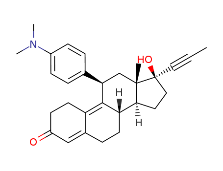 84371-65-3,Mifepristone,Estra-4,9-dien-3-one,11-[4-(dimethylamino)- phenyl]-17-hydroxy-17-(1-propynyl)-,(11a,- 17a)-;Mifepristone [USAN:BAN:INN];17-beta-Hydroxy-11-beta-(4-dimethylaminophenyl-1)-17-alpha-(prop-1-ynyl)oestra-4,9-dien-3-one;Mifeprex;Mifepristonum [Latin];R 38486;RU 38486;11beta-(4-(Dimethylamino)phenyl)-17beta-hydroxy-17-(1-propynyl)estra-4,9-dien-3-on;Estra-4,9-dien-3-one, 11-[4-(dimethylamino)phenyl]-17-hydroxy-17-(1-propynyl)-, (11b,17b)-;Prestwick_570;Mifegyne;(11beta,17beta)-11-(4-(Dimethylamino)-phenyl)-17-hydroxy-17-(1-propynyl)estra-4,9-dien-3-one;RU-486;RU486;11beta-(4-(Dimethylamino)phenyl)-17-hydroxy-21-methyl-19-nor-17alpha-pregna-4,9-dien-20-m-3-on;RU 486-6;17-(1-propynyl)estra-4,9-dien-3-one;