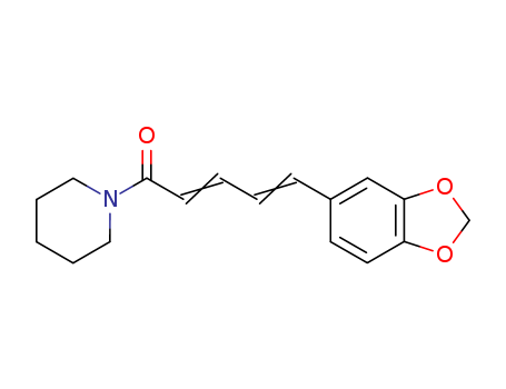 94-62-2,Piperine,1-[(2E,4E)-5-(1,3-benzodioxol-5-yl)penta-2,4-dienoyl]piperidine;FEMA No. 2909;Bioperine;Piperine (aliphatic);Piperidine, 1-((2E,4E)-5-(1,3-benzodioxol-5-yl)-1-oxo-2,4-pentadienyl)-;1-Piperoyl-piperidine;(E,E)-1-[5-(1,3-Benzodioxol-5-yl)-1-oxo-2,4-pentadienyl]-piperidine;Piperidine,1-[(2E,4E)-5-(1,3-benzodioxol-5- yl)-1-oxo-2,4-pentadienyl]-;N-[(E,E)-Piperoyl]piperidine;Piperidine, 1-(5-(1,3-benzodioxol-5-yl)-1-oxo-2,4-pentadienyl)-, (E,E)- (9CI);