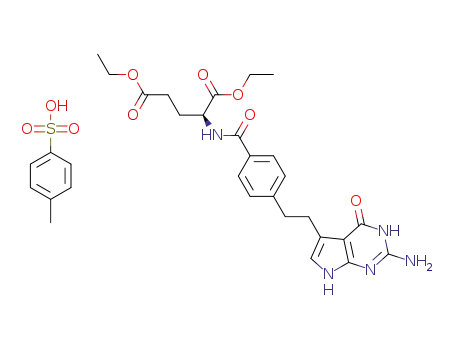 Molecular Structure of 165049-28-5 (N-[4-[2-(2-Amino-4,7-dihydro-4-oxo-3H-pyrrolo[2,3-d]pyrimidin-5-yl)ethyl]benzoyl]-L-glutamic acid 1,5-diethyl ester 4-methylbenzenesulfonate)