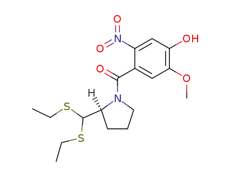 Molecular Structure of 140647-02-5 (Pyrrolidine,
2-[bis(ethylthio)methyl]-1-(4-hydroxy-5-methoxy-2-nitrobenzoyl)-, (S)-)