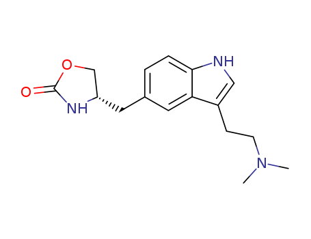 139264-17-8,Zolmitriptan,Zomig Nasal Spray;311C90;Zomig (TN);Zolmitriptan (JAN/USAN);2-Oxazolidinone,4-[[3-[2-(dimethylamino)- ethyl]-1H-indol-5-yl]methyl]-,(4S)-;(4S)-4-[[3-(2-dimethylaminoethyl)-1H-indol-5-yl]methyl]oxazolidin-2-one;Zomig;Zolmitriptan [USAN];4-((3-(2-(Dimethylamino)ethyl)-1H-indol-5-yl)methyl)-2-oxazolidinone;2-Oxazolidinone, 4-((3-(2-(dimethylamino)ethyl)-1H-indol-5-yl)methyl)-, (S)-;Zomig ZMT;Zolmitriptan [GMP];Zolmitrptan;