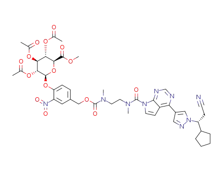 (2S,3R,4S,5S,6S)-2-(4-((((2-(4-(1-((R)-2-cyano-1-cyclopentylethyl)-1H-pyrazol-4-yl)-N-methyl-7H-pyrrolo[2,3-d]pyrimidine-7-carboxamido)ethyl)(methyl)carbamoyl)oxy)methyl)-2-nitrophenoxy)-6-(methoxycarbonyl)tetrahydro-2H-pyran-3,4,5-triyl triacetate
