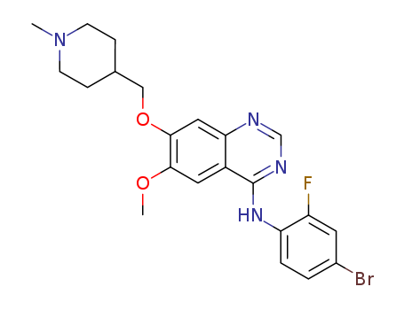 443913-73-3,Vandetanib,4-(4-Bromo-2-fluoroanilino)-6-methoxy-7-[(1-methylpiperidin-4-yl)methoxy]quinazoline;CH 331;ZD 6474;Zactima;N-(4-bromo-2-fluoro-phenyl)-6-methoxy-7-[(1-methyl-4-piperidyl)methoxy]quinazolin-4-amine;4-quinazolinamine, N-(4-bromo-2-fluorophenyl)-6-methoxy-7-[(1-methyl-4-piperidinyl)methoxy]-;N-(4-Bromo-2-fluorophenyl)-6-methoxy-7-[(1-methyl-4-piperidinyl)methoxy]-4-quinazolinamine;