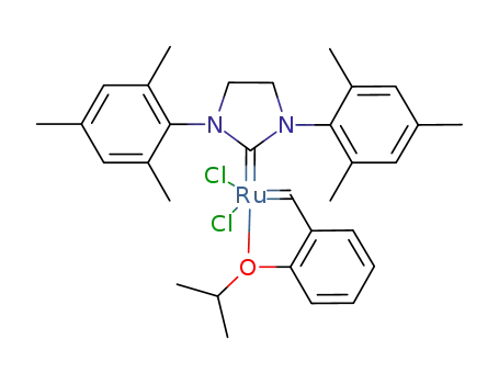 Molecular Structure of 301224-40-8 ((1,3-BIS-(2,4,6-TRIMETHYLPHENYL)-2-IMIDAZOLIDINYLIDENE)DICHLORO(O-ISOPROPOXYPHENYLMETHYLENE)RUTHENIUM)