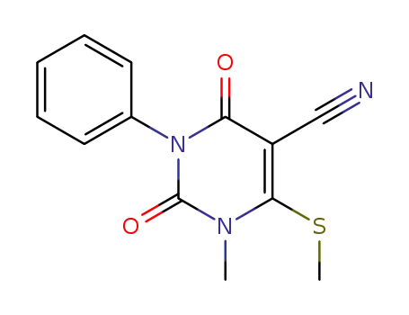 Molecular Structure of 100890-40-2 (5-Pyrimidinecarbonitrile,
1,2,3,4-tetrahydro-1-methyl-6-(methylthio)-2,4-dioxo-3-phenyl-)