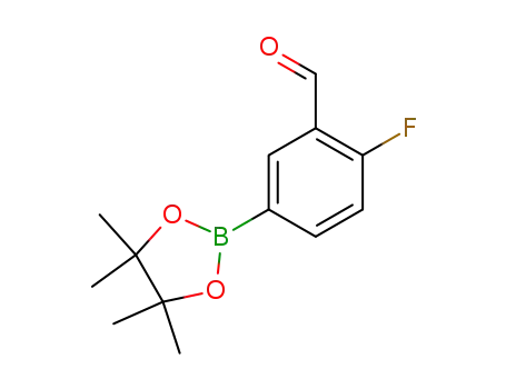 Molecular Structure of 443776-94-1 (2-Fluoro-5-(4,4,5,5-tetramethyl-[1,3,2]dioxaborolan-2-yl)-benzaldehyde)