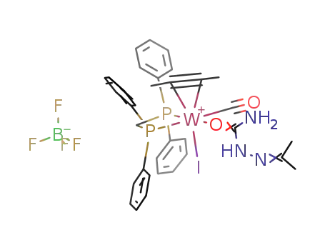 WI(CO)((CH3)2CNNHCONH2)(((C6H5)2P)2CH2)(CH3C2CH3)(1+)*BF4(1-) = (C34H37IN3O2P2W)(BF4)