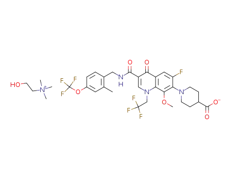 1-[6-Fluoro-8-methoxy-3-({[2-methyl-4-(trifluoromethoxy)benzyl]amino}carbonyl)-4-oxo-1-(2,2,2-trifluoroethyl)-1,4-dihydroquinolin-7-yl]piperidine-4-carboxylic Acid Choline Salt