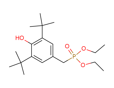 976-56-7,Diethyl 3,5-di-tert-butyl-4-hydroxybenzyl phosphate,Phosphonicacid, (3,5-di-tert-butyl-4-hydroxybenzyl)-, diethyl ester (7CI,8CI);Phosphonicacid, [[3,5-bis(1,1-dimethylethyl)-4-hydroxyphenyl]methyl]-, diethyl ester(9CI);Diethyl (3,5-di-tert-butyl-4-hydroxybenzyl)phosphonate;Diethyl(3,5-di-tert-butyl-4-hydroxyphenyl)methanephosphonate;Irgamod 295;Irganox1222;NSC 635180;