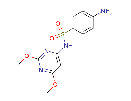 122-11-2,Sulfadimethoxine,Sulfanilamide,N1-(2,6-dimethoxy-4-pyrimidinyl)- (6CI,8CI);2,4-Dimethoxy-6-sulfanilamido-1,3-diazine;2,4-Dimethoxy-6-sulfanilamido-1,3-pyrimidine;2,4-Dimethoxy-6-sulfanilamidopyrimidine;2,6-Dimethoxy-4-sulfanilamidopyrimidine;4-Sulfa-2,6-dimethoxypyrimidine;4-Sulfanilamido-2,6-dimethoxypyrimidine;6-Sulfanilamido-2,4-dimethoxy-1,3-diazine;Abcid;Agribon;Albon;Arnosulfan;Bactrovet;Deposul;Diasulfa;Dimethoxysulfadiazine;Dinosol;Dorisul;Fuxal;Lasibon;Madribon;Madrigid;Madriqid;Madroxin;Madroxine;Maxulvet;Mecozine;Metoxidon;N-(2,6-Dimethoxypyrimidin-4-yl)-4-aminobenzenesulfonamide;N1-(2,6-Dimethoxy-4-pyrimidinyl)sulfanilamide;NSC 683544;Neostreptal;Omnibon;Persulfen;Redifal;