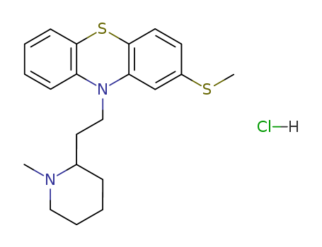 130-61-0,Thioridazine hydrochloride,10H-Phenothiazine,10-[2-(1-methyl-2-piperidinyl)ethyl]-2-(methylthio)-, monohydrochloride (9CI);Phenothiazine, 10-[2-(1-methyl-2-piperidyl)ethyl]-2-(methylthio)-,hydrochloride (6CI,7CI);Phenothiazine,10-[2-(1-methyl-2-piperidyl)ethyl]-2-(methylthio)-, monohydrochloride (8CI);10-[3-(1-Methyl-2-piperidyl)ethyl]-2-(methylthio)phenothiazine hydrochloride;2-Methylmercapto-10-[2-(N-methyl-2-piperidyl)ethyl]phenothiazine hydrochloride;Aldazine;Mallorol;Mellaril;Mellaril hydrochloride;Melleretten;Melleril (tablet);NSC 186060;Novoridazine;Orsanil;Stalleril;10-(2-(1-Methyl-2-piperidyl)ethyl)-2-methylthiophenothiazine hydrochloride;10H-Phenothiazine,10-[2-(1-methyl-2-piperidinyl)ethyl]-2-(methylthio)-, hydrochloride (1:1);