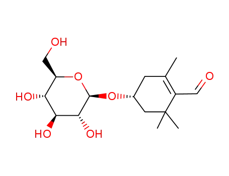 Molecular Structure of 138-55-6 ((4S)-2,6,6-trimethyl-4-[(2R,3R,4S,5S,6R)-3,4,5-trihydroxy-6-(hydroxymethyl)oxan-2-yl]oxy-cyclohexene-1-carbaldehyde)