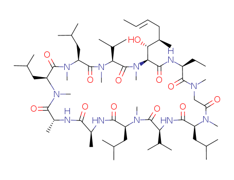 59865-13-3,Cyclosporin A,1,11-cyclo[L-alanyl-D-alanyl-N-methyl-L-leucyl-N-methyl-L-leucyl-N-methyl-L-valyl-(E)-(2S,3R,4R)-2-amino-3-hydroxy-N,4-dimethyloct-6-enoyl-L-2-aminobutanoyl-N-methylglycyl-N-methyl-L-leucyl-L-valyl-N-methyl-L-leucine];Ciclosporin;Ciclosporinum [INN-Latin];Cipol N;Cyclo(L-alanyl-D-alanyl-N-methyl-L-leucyl-N-methyl-L-leucyl-N-methyl-L-valyl-((3R,4R,6E)-;Cyclosporine;Cyclo(L-alanyl-D-alanyl-N-methyl-L-leucyl-N-methyl-L-leucyl-N-methyl-L-valyl-((3R,4R,6E)-6,7-didehydro-3-hydroxy-N,4-dimethyl-L-2-aminooctanoyl-L-2-aminobutanoyl-N-methylglycyl-N-methyl-L-leucyl-L-valyl-N-methylleucyl);Sang 35;Sandimmune (TN);S 7481F1;Restasis;30-ethyl-33-(1-hydroxy-2-methyl-hex-4-enyl)-1,4,7,10,12,15,19,25,28-nonamethyl-6,9,18,24-tetrakis(2-methylpropyl)-3,21-dipropan-2-yl-1,4,7,10,13,16,19,22,25,28,31-undecazacyclotritriacontane-2,5,8,11,14,17,20,23,26,29,32-undecone;Neoral;(3S,6S,9S,12R,15S,18S,21S,24S,30S,33S)-30-ethyl-33-[(E,1R,2R)-1-hydroxy-2-methyl-pent-3-enyl]-1,4,7,10,12,15,19,25,28-nonamethyl-3,6,9,18,24-pentakis(2-methylpropyl)-21-propan-2-yl-1,4,7,10,13,16,19,22,25,28,31-undecazacyclotritriacontane-2,5,8,11,14,17,20,23,26,29,32-undecone;Sigmasporin Microoral;Cyclo(L-alanyl-D-alanyl-N-methyl-L-leucyl-N-methyl-L-leucyl-N-methyl-L-valyl-((3R,4R,6E)-6,7-didehydro-3-hydroxy-N,4-dimethyl-L-2-aminooctanoyl)-L-2-aminobutanoyl-N-methylglycyl-N-methyl-L-leucyl-L-valyl-N-methylleucyl);Cyclosporin;Consupren;cyclophorine;sandimmun;Sandimmun Neoral;Prestwick_731;Ciclosporin (JP14);Neoplanta;Neoral (TN);Sang-35;(3S,6S,9S,12R,15S,18S,21S,24S,30S,33S)-30-ethyl-33-[(E,1R,2R)-1-hydroxy-2-methyl-hex-4-enyl]-1,4,7,10,12,15,19,25,28-nonamethyl-6,9,18,24-tetrakis(2-methylpropyl)-3,21-dipropan-2-yl-1,4,7,10,13,16,19,22,25,28,31-undecazacyclotritriacontane-2,5,8,11,14,17,20,23,26,29,32-undecone;Sandimmune;Antibiotic S 7481F1;OL 27-400;