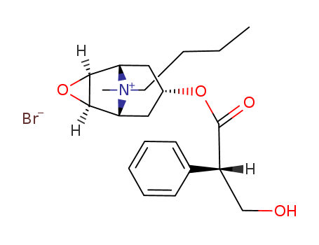 149-64-4,Scopolamine butylbromide,1aH,5aH-Tropanium, 8-butyl-6b,7b-epoxy-3a-hydroxy-,bromide, (-)-tropate (8CI);3-Oxa-9-azoniatricyclo[3.3.1.02,4]nonane,9-butyl-7-[(2S)-3-hydroxy-1-oxo-2-phenylpropoxy]-9-methyl-, bromide, (1a,2b,4b,5a,7b)- (9CI);N-Butylscopolammonium bromide (6CI,7CI);(-)-Scopolaminebutylbromide;N-Butylhyoscinium bromide;N-Butylscopolaminium bromide;