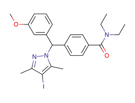 Molecular Structure of 489466-95-7 (Benzamide,
N,N-diethyl-4-[(4-iodo-3,5-dimethyl-1H-pyrazol-1-yl)(3-methoxyphenyl)
methyl]-)