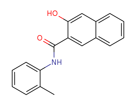 135-61-5,Naphthol AS-D,2-Naphtho-o-toluidide,3-hydroxy- (7CI,8CI);2-Hydroxy-3-naphtho-o-toluidide;2-Hydroxy-3-naphthoic o-toluidide;2-Hydroxy-N-(2-methylphenyl)-3-naphthamide;3-Hydroxy-2-naphth-o-toluidide;3-Hydroxy-2'-methyl-2-naphthanilide;3-Hydroxynaphthalene-2-carboxy-o-toluidide;Acco Naf-Sol AS-D;Acco NaphtholAS-D;Amanil Naphthol AS-D;Anarthol AS-D;Anthonaphthol AS-D;Azobase Red OT;Azoic Coupling Component 18;Azotol OT;Brentosyn OTN;C.I. AzoicCoupling Component 110;C.I. Developer 21;Celcot RTO;Cibanaphthol RTO;Daito Grounder D;Diathol D;Dycosthol AS-D;HiltonaphtholAS-D;Kiwa Grounder D;Naphthol AS-D;