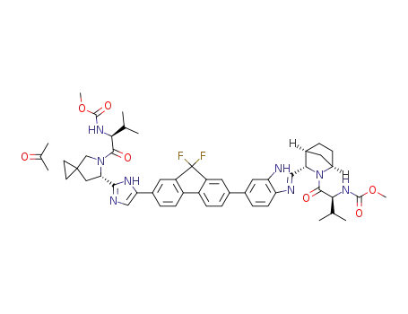 (1-{3-[6-(9,9-difluoro-7-{2-[5-(2-methoxycarbonylamino-3-methyl-butyryl)-5-aza-spiro[2.4]hept-6-yl]-3H-imidazol-4-yl}-9H-fluoren-2-yl)-1H-benzoimidazol-2-yl]2-aza-bicyclo[2.2.1]heptane-2-carbonyl}-2-methyl-propyl)carbamicacid methyl ester acetone salt