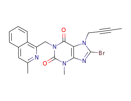 Molecular Structure of 853029-58-0 (1H-Purine-2,6-dione,
8-bromo-7-(2-butynyl)-3,7-dihydro-3-methyl-1-[(3-methyl-1-isoquinolinyl)
methyl]-)