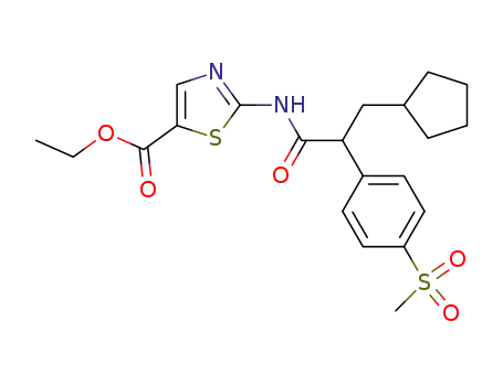 Molecular Structure of 588940-26-5 (5-Thiazolecarboxylic acid,
2-[[3-cyclopentyl-2-[4-(methylsulfonyl)phenyl]-1-oxopropyl]amino]-, ethyl
ester)