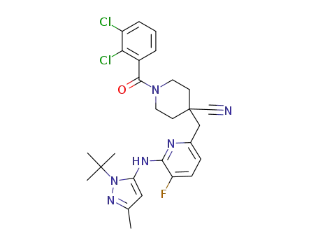 4-((6-(1-tert-butyl-3-methyl-1H-pyrazol-5-ylamino)-5-fluoropyridin-2-yl)methyl)-1-(2,3-dichlorobenzoyl)piperidine-4-carbonitrile