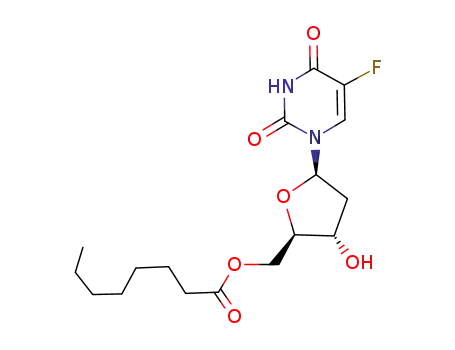 Molecular Structure of 118694-10-3 ([(2R,3R,4R,5R)-5-(5-fluoro-2,4-dioxo-pyrimidin-1-yl)-3,4-dihydroxy-oxo lan-2-yl]methyl octanoate)