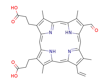 Molecular Structure of 10200-02-9 (21H,23H-Porphine-2,18-dipropanoicacid, 8-ethenyl-13-formyl-3,7,12,17-tetramethyl-)
