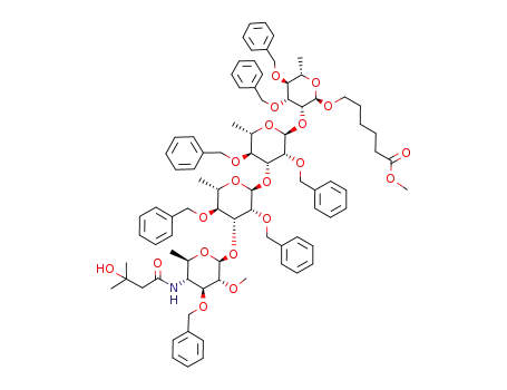 5-methoxycarbonylpentyl 3-O-benzyl-4,6-dideoxy-4-(3-hydroxy-3-methylbutyramido)-2-O-methyl-β-D-glucopyranosyl-(1->3)-2,4-di-O-benzyl-α-L-rhamnopyranosyl-(1->3)-2,4-di-O-benzyl-α-L-rhamnopyranosyl-(1->2)-3,4-di-O-benzyl-α-L-rhamnopyranoside