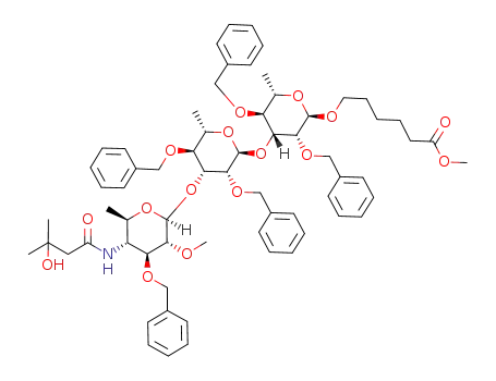 5-methoxycarbonylpentyl 3-O-benzyl-4,6-dideoxy-4-(3-hydroxy-3-methylbutyramido)-2-O-methyl-β-D-glucopyranosyl-(1->3)-2,4-di-O-benzyl-α-L-rhamnopyranosyl-(1->3)-2,4-di-O-benzyl-α-L-rhamnopyranoside