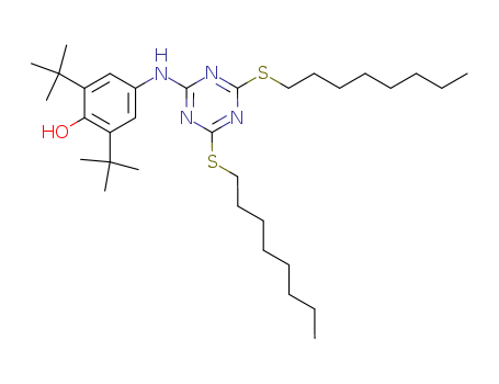 991-84-4,2,4-Bis(octylthio)-6-(4-hydroxy-3,5-di-tert-butylanilino)-1,3,5-triazine,Phenol,4-[[4,6-bis(octylthio)-s-triazin-2-yl]amino]-2,6-di-tert-butyl- (7CI,8CI);1-(3,5-Di-tert-butyl-4-hydroxyanilino)-3,5-bis(octylthio)-s-triazine;2,4-Bis(n-octylthio)-6-(3,5-di-tert-butyl-4-hydroxyphenylamino)-s-triazine;2,4-Bis(octylthio)-6-(3,5-di-tert-butyl-4-hydroxyanilino)-s-triazine;2,6-Di-tert-butyl-4-[4,6-bis(octylthio)-1,3,5-triazin-2-ylamino]phenol;2-(4-Hydroxy-3,5-di-tert-butylanilino)-4,6-bis(octylthio)-s-triazine;6-(3,5-di-tert-Butyl-4-hydroxyanilino)-2,4-bis(n-octylthio)-s-triazine;6-(4-Hydroxy-3,5-di-tert-butylanilino)-2,4-bis(octylthio)-1,3,5-triazine;6-(4-Hydroxy-3,5-di-tert-butylanilino)-2,4-bis(octylthio)-s-triazine;Irganox565;Irganox RA 565;NSC 328455;