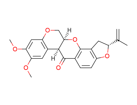 83-79-4,ROTENONE,Rotenone(7CI);[1]Benzopyrano[3,4-b]furo[2,3-h][1]benzopyran-6(6aH)-one,1,2,12,12a-tetrahydro-8,9-dimethoxy-2-(1-methylethenyl)-, [2R-(2a,6aa,12aa)]-;[1]Benzopyrano[3,4-b]furo[2,3-h][1]benzopyran-6(6aaH)-one, 1,2,12,12aa-tetrahydro-2a-isopropenyl-8,9-dimethoxy-(8CI);(-)-Rotenone;(-)-cis-Rotenone;5'b-Rotenone;Cube-Pulver;Dactinol;Deril;Derrin;Derris;Derris (insecticide);Dri-kil;Liquid Derris;NSC 26258;NSC 8505;Nicouline;Noxfish;Paraderil;Rotenone;