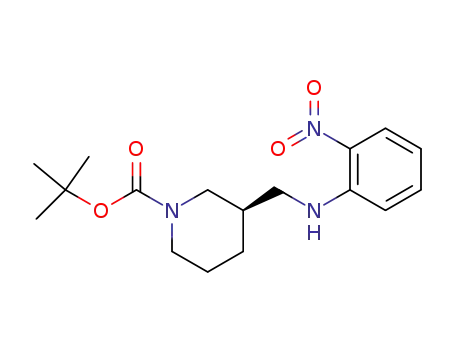 Molecular Structure of 876590-06-6 (1-Piperidinecarboxylic acid, 3-[[(2-nitrophenyl)amino]methyl]-,
1,1-dimethylethyl ester, (3R)-)