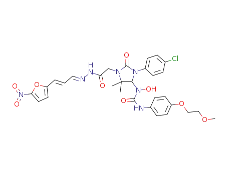 1-(3-(4-chlorophenyl)-5,5-dimethyl-1-(2-((E)-2-((E)-3-(5-nitrofuran-2-yl)allylidene)hydrazinyl)-2-oxoethyl)-2-oxoimidazolidin-4-yl)-1-hydroxy-3-(4-(2-methoxyethoxy)phenyl)urea
