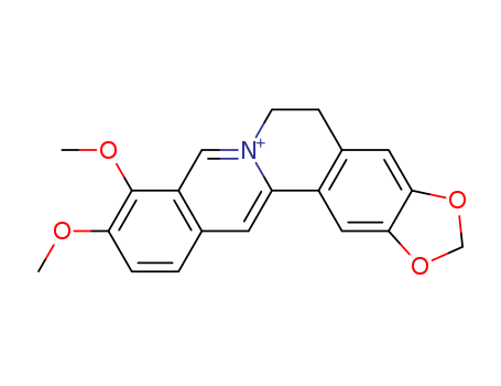 2086-83-1,Berberine,Berbinium,7,8,13,13a-tetradehydro-9,10-dimethoxy-2,3-(methylenedioxy)- (8CI);Umbellatine(6CI);Berbericine;Berberin;Majarine;Thalsine;Umbellatin;5,6-Dihydro-9,10-dimethoxybenzo[g]-1,3-benzodioxolo[5,6-a]quinolizinium;