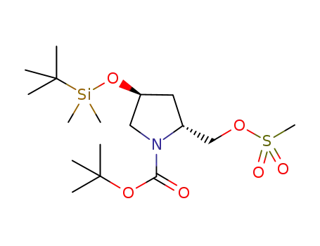Molecular Structure of 924907-62-0 (1-Pyrrolidinecarboxylic acid,
4-[[(1,1-dimethylethyl)dimethylsilyl]oxy]-2-[[(methylsulfonyl)oxy]methyl]-,
1,1-dimethylethyl ester, (2R,4S)-)