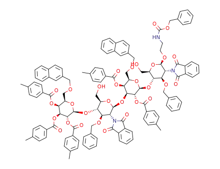 2-(N-benzyloxycarbonyl)aminoethyl 2,3,4-tri-O-(4-methylbenzoyl)-6-O-(2-naphthylmethyl)-β-D-galactopyranosyl-(1→4)-3-O-benzyl-2-deoxy-2-phthalimido-β-D-glucopyranosyl-(1→3)-2,4-di-O-(4-methyl)benzoyl-6-O-(2-naphthylmethyl)-β-D-galactopyranosyl-(1→4)-3-O-benzyl-2-deoxy-2-phthalimido-β-D-glucopyranoside