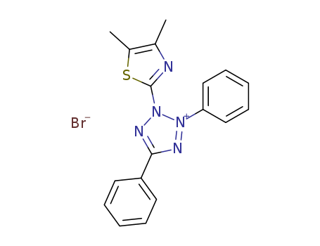 298-93-1,Thiazolyl Blue,2H-Tetrazolium,2-(4,5-dimethyl-2-thiazolyl)-3,5-diphenyl-, bromide (8CI,9CI);3-(4,5-Dimethyl-2-thiazolyl)-2,5-diphenyl-2H-tetrazoliumbromide (6CI,7CI);(3-(4,5-Dimethylthiazol-2-yl)-2,5-diphenyltetrazoliumbromide);2,5-Diphenyl-3-(4,5-dimethylthiazol-2-yl)-2H-tetrazolium bromide;2-(4,5-Dimethylthiazol-2-yl)-3,5-diphenyl-2H-tetrazolium bromide;3-(4,5-Dimethyl-2-thiazolyl)-2,5-diphenyltetrazolium bromide;3-(4,5-Dimethylthiazolyl)-2,5-diphenyltetrazolium bromide;MMTTetrazolium;MTT;MTT tetrazolium;NSC 60102;Thiazolyl blue (Sigma);Thiazolyl blue tetrazolium bromide;