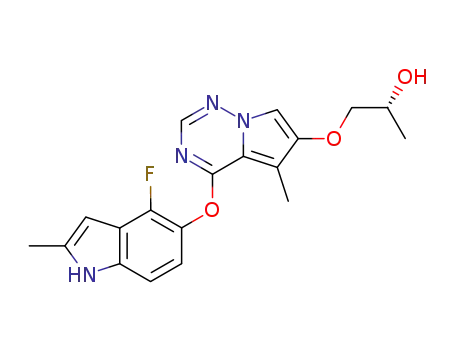Molecular Structure of 649735-46-6 (1-[[4-[(4-Fluoro-2-methyl-1H-indol-5-yl)oxy]-5-methylpyrrolo[2,1-f][1,2,4]triazin-6-yl]oxy]-2-propanol)