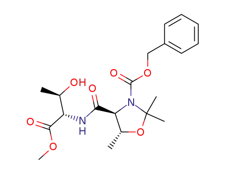 Molecular Structure of 670233-30-4 (3-Oxazolidinecarboxylic acid,
4-[[[(1S,2R)-2-hydroxy-1-(methoxycarbonyl)propyl]amino]carbonyl]-2,2,
5-trimethyl-, phenylmethyl ester, (4S,5R)-)
