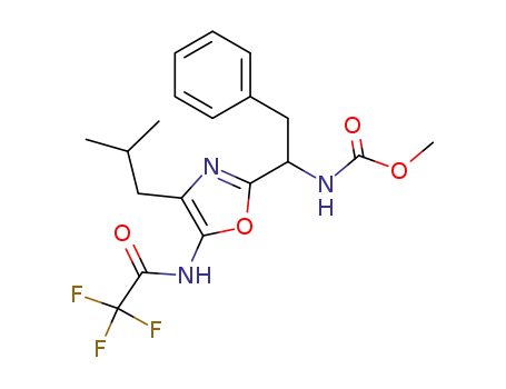 Molecular Structure of 89384-44-1 (Carbamic acid,
[1-[4-(2-methylpropyl)-5-[(trifluoroacetyl)amino]-2-oxazolyl]-2-phenylethyl
]-, methyl ester)