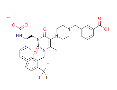 (R)-3-((4-(3-(2-((tert-butoxycarbonyl)amino)-2-phenylethyl)-1-(2-fluoro-6-(trifluoromethyl)benzyl)-6-methyl-2,4-dioxo-1,2,3,4-tetrahydropyrimidin-5-yl)piperazin-1-yl)methyl)benzoic acid