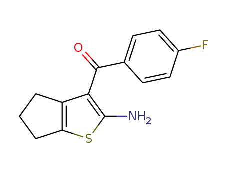 Molecular Structure of 304018-03-9 (Methanone,
(2-amino-5,6-dihydro-4H-cyclopenta[b]thien-3-yl)(4-fluorophenyl)-)