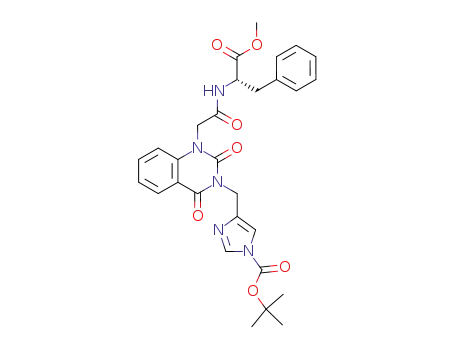 Molecular Structure of 847665-23-0 (1H-Imidazole-1-carboxylic acid,
4-[[1,4-dihydro-1-[2-[[(1S)-2-methoxy-2-oxo-1-(phenylmethyl)ethyl]amino
]-2-oxoethyl]-2,4-dioxo-3(2H)-quinazolinyl]methyl]-, 1,1-dimethylethyl
ester)