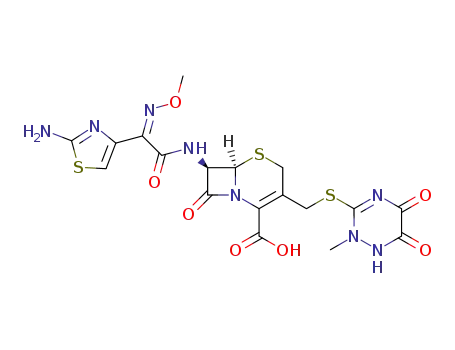 Molecular Structure of 73384-59-5 ((6R,7R)-7-[[(2E)-2-(2-Amino-1,3-thiazol-4-yl)-2-methoxyiminoacetyl]amino]-3-[(2-methyl-5,6-dioxo-1H-1,2,4-triazin-3-yl)sulfanylmethyl]-8-oxo-5-thia-1-azabicyclo[4.2.0]oct-2-ene-2-carboxylic acid)