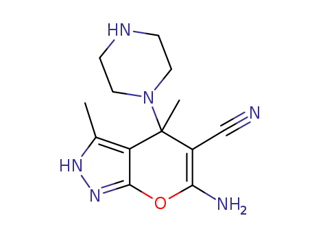 6-amino-2,4-dihydro-3,4-dimethyl-4-(piperazin-1-yl)pyrano[2,3-c]pyrazole-5-carbonitrile