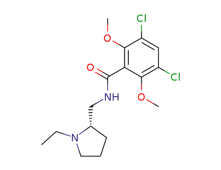 Molecular Structure of 84225-94-5 (Benzamide,
3,5-dichloro-N-[(1-ethyl-2-pyrrolidinyl)methyl]-2,6-dimethoxy-, (S)-)