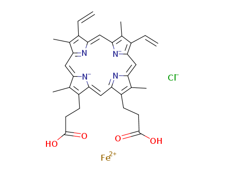 16009-13-5,Hemin,Protoferriheme;Ferrate(2-),chloro[7,12-diethenyl-3,8,13,17-tetramethyl-21H,23H-porphine-2,18-dipropanoato(4-)-kN21,kN22,kN23,kN24]-, hydrogen (1:2), (SP-5-13)-;Protohemin chloride;Teichmann's crystals;Ferrate(2-),chloro[7,12-diethenyl-3,8,13,17-tetramethyl-21H,23H-porphine-2,18-dipropanoato(4-)-kN21,kN22,kN23,kN24]-, dihydrogen, (SP-5-13)-(9CI);Iron, chloro[dihydrogen3,7,12,17-tetramethyl-8,13-divinyl-2,18-porphinedipropionato(2-)]- (8CI);Protohemin IX (6CI);1,3,5,8-Tetramethyl-2,4-divinylporphine-6,7-dipropionicacid ferrichloride;Chlorohemin;Chloroprotoferriheme;Ferric hemin;Ferriheme chloride;Ferriporphyrin chloride;Ferriprotoporphyrin;Ferriprotoporphyrin IX chloride;Hemin IX;Iron(III) protoporphyrin chloride;Panhematin;Chloroprotoporphyrin IX iron(III);