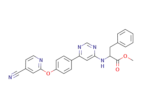 Molecular Structure of 693792-97-1 (Phenylalanine, N-[6-[4-[(4-cyano-2-pyridinyl)oxy]phenyl]-4-pyrimidinyl]-,
methyl ester)