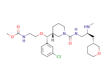 Molecular Structure of 942142-51-0 (CARBAMIC ACID, N-[2-[(R)-(3-CHLOROPHENYL)[(3R)-1-[[[(2S)-2-(METHYLAMINO)-3-[(3R)-TETRAHYDRO-2H-PYRAN-3-YL]PROPYL]AMINO]CARBONYL]-3-PIPERIDINYL]METHOXY]ETHYL]-, METHYL ESTER)