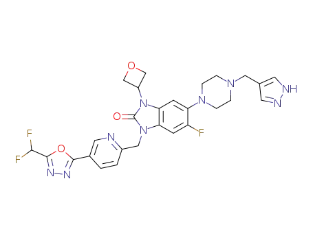 5-(4-((1H-pyrazole-4-yl)methyl)piperazine-1-yl)-1-((5-(5-(difluoromethyl)-1,3,4-oxadiazole-2-yl)pyridine-2-yl)methyl)-6-fluoro-3-(oxetan-3-yl)-1,3-dihydro-2H-benzo[d]imidazole-2-one