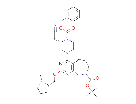 4-((S)-4-(benzyloxycarbonyl)-3-(cyanomethyl)piperazin-1-yl)-2-(((S)-1-methylpyrrolidin-2-yl)methoxy)-6,7-dihydro-5H-pyrimido[4,5-c]azepane-8(9H)-carboxylic acid tert-butyl ester